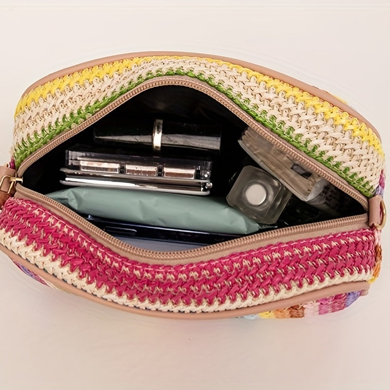 Woven Striped Shoulder Bag for Women with Zipper Closure