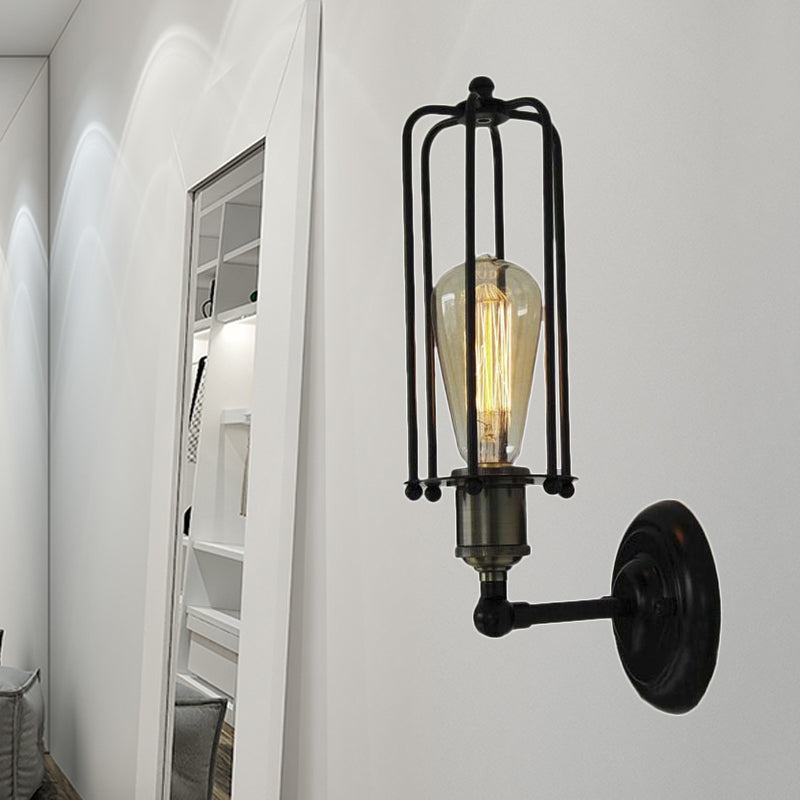 Vintage Industrial Black Metal Wall Lamp with Tube Cage Shade