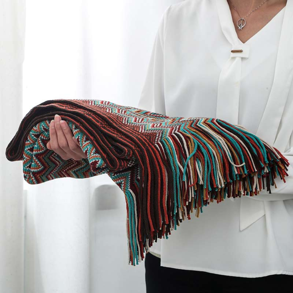 Multicolor Boho Zigzag Knit Throw Blanket with Tassels