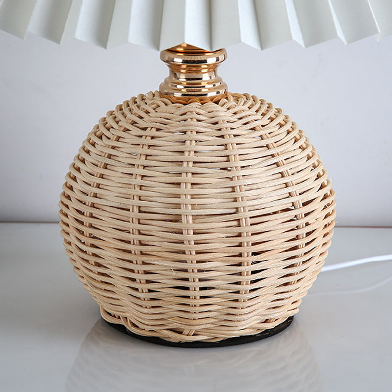 Nordic LED Table Lamp with Woven Rattan Base and Dimmable Fabric Shade