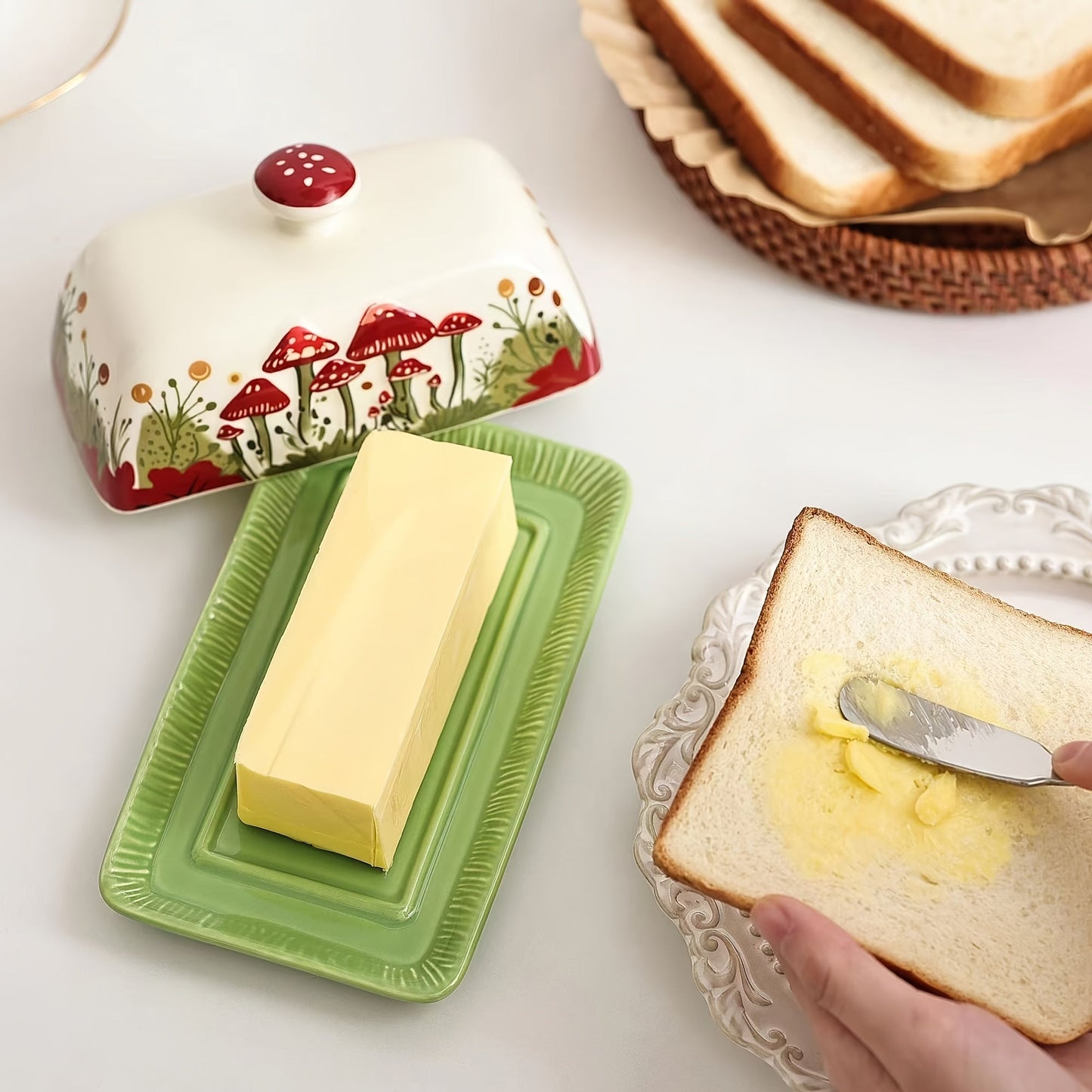 Ceramic Butter Dish with Lid - Hand-Painted Mushroom Design