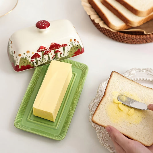 Ceramic Butter Dish with Lid - Hand-Painted Mushroom Design