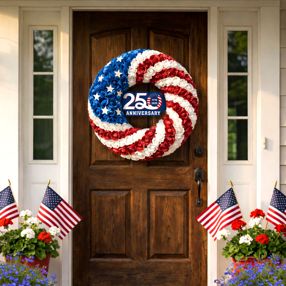 250th Anniversary American Flag Wreath with Roses and Stars