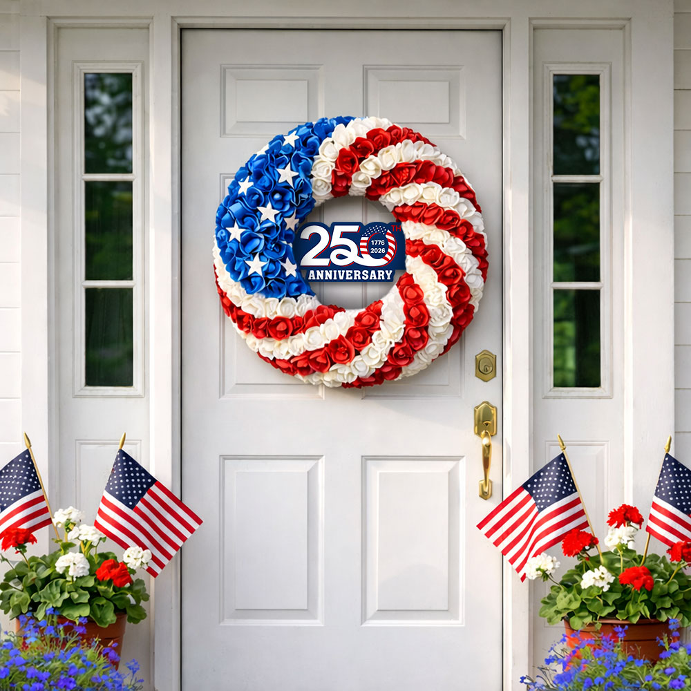 250th Anniversary American Flag Wreath with Roses and Stars
