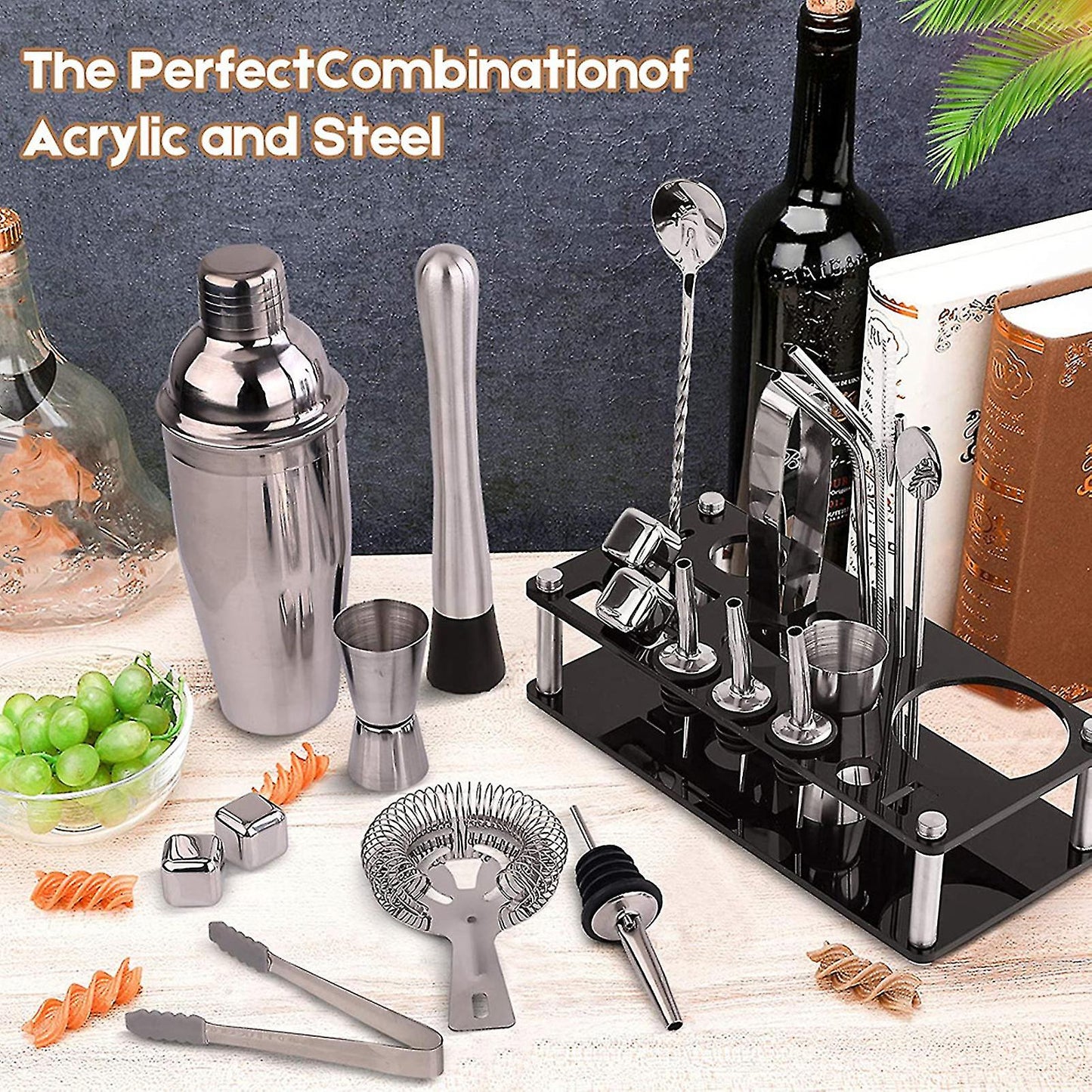23-Piece Stainless Steel Cocktail Shaker Set with Bamboo Stand
