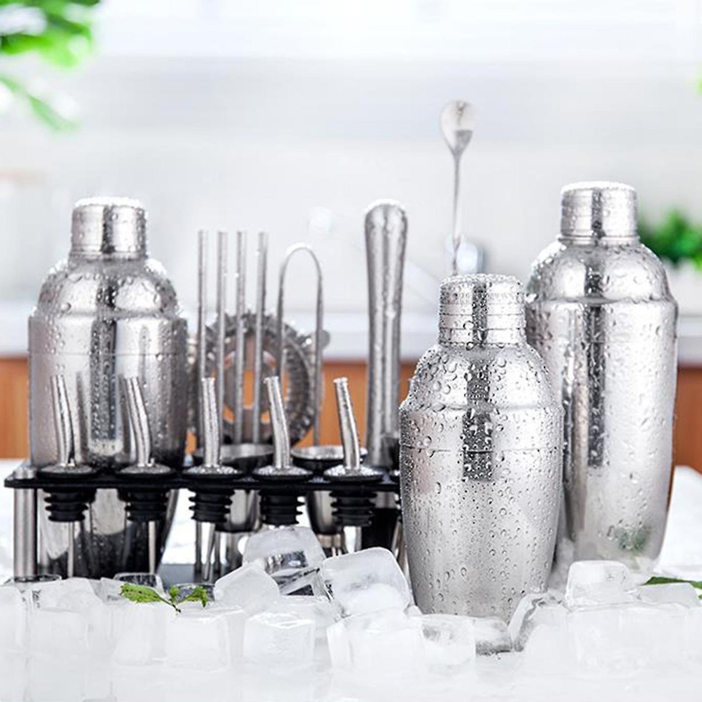 23-Piece Stainless Steel Cocktail Shaker Set with Bamboo Stand