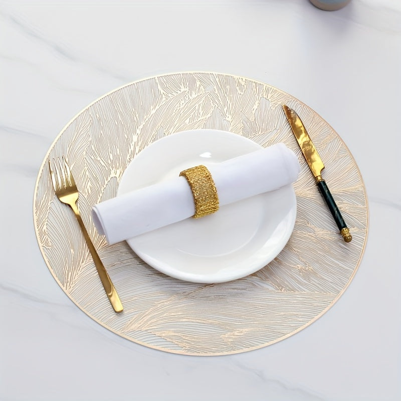 Round Gold Leaf Placemats Set of 6 - Heat-Resistant PVC Dining Protectors