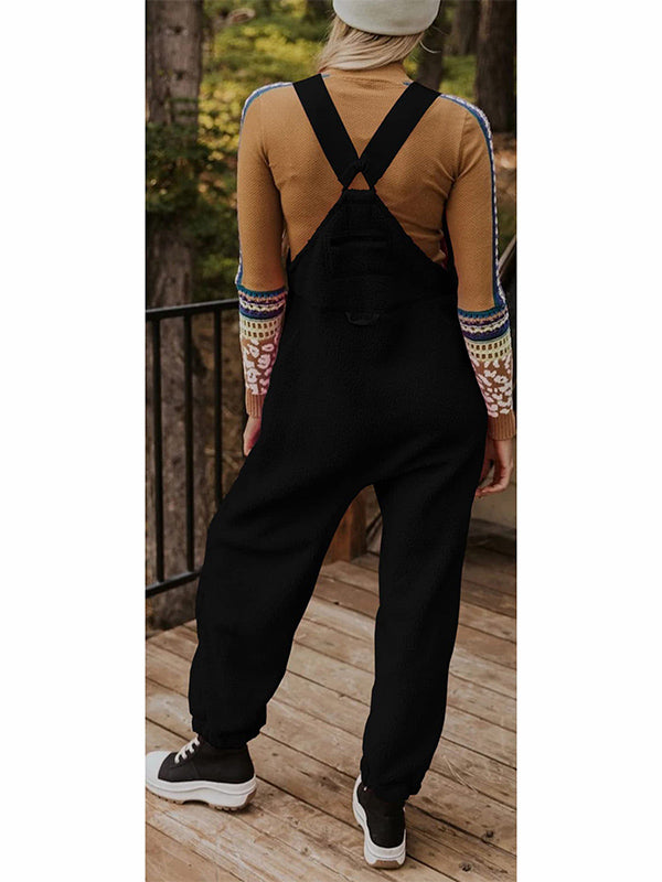 Women's Fleece Thermal Overalls with Adjustable Straps and Zippered Pockets
