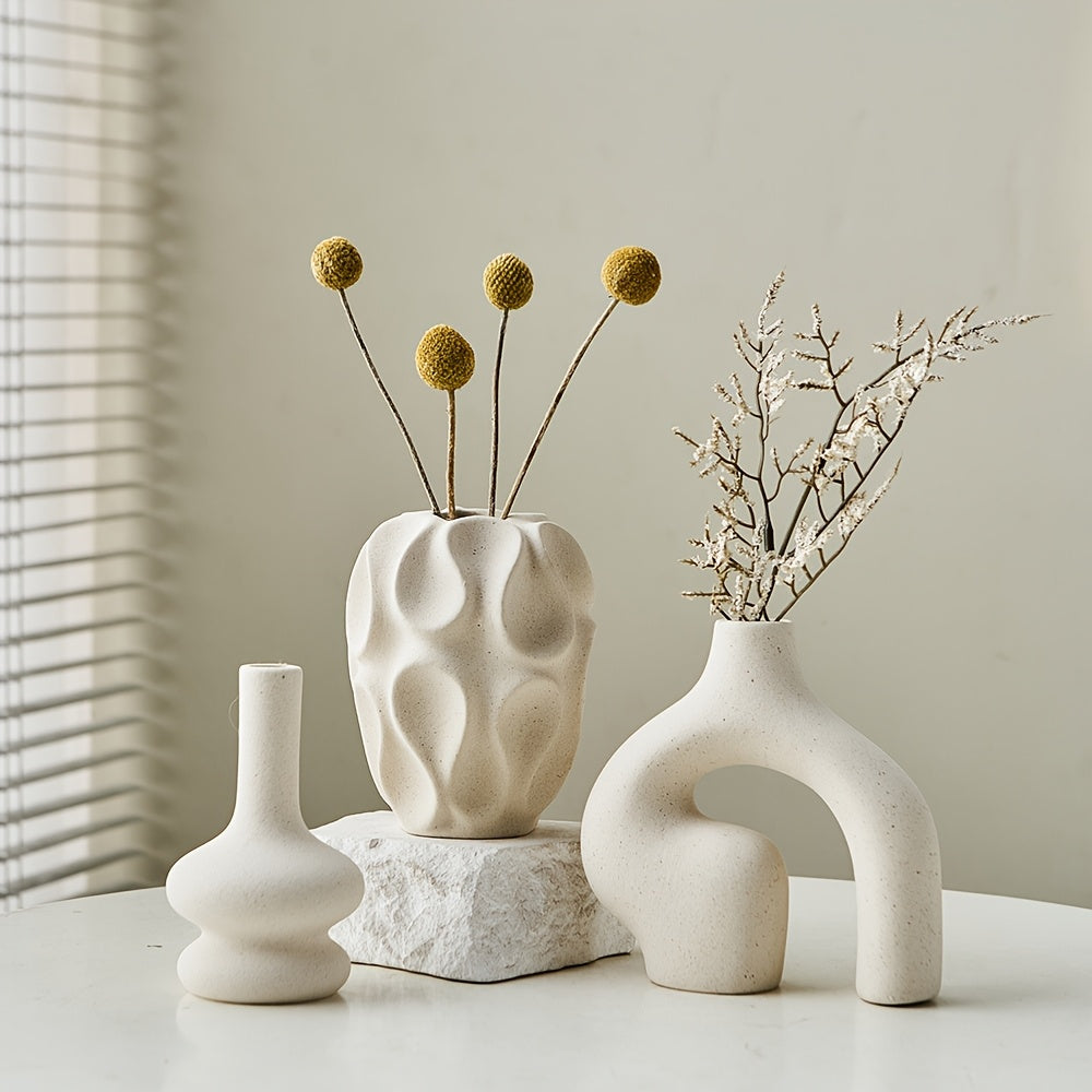 Boho Ceramic Vase Set with Geometric Shapes - Modern Nordic Decor