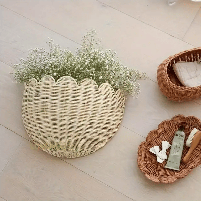 Handwoven Rattan Wall Basket with Scalloped Edge