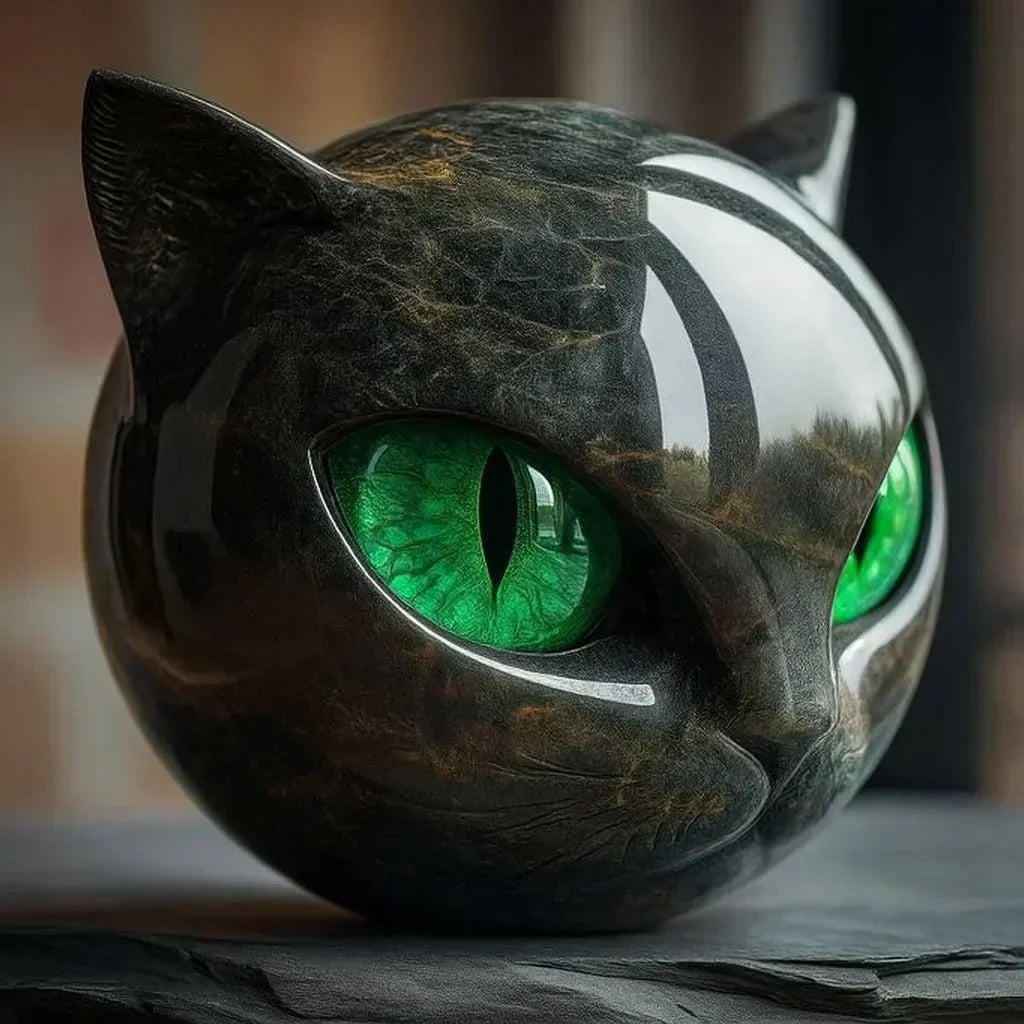 Black Cat Head Sculpture with Hypnotic Eyes