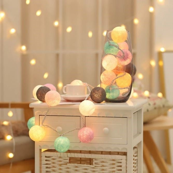 Cotton Ball String Lights with Warm Glow - Multiple Colors and Lengths