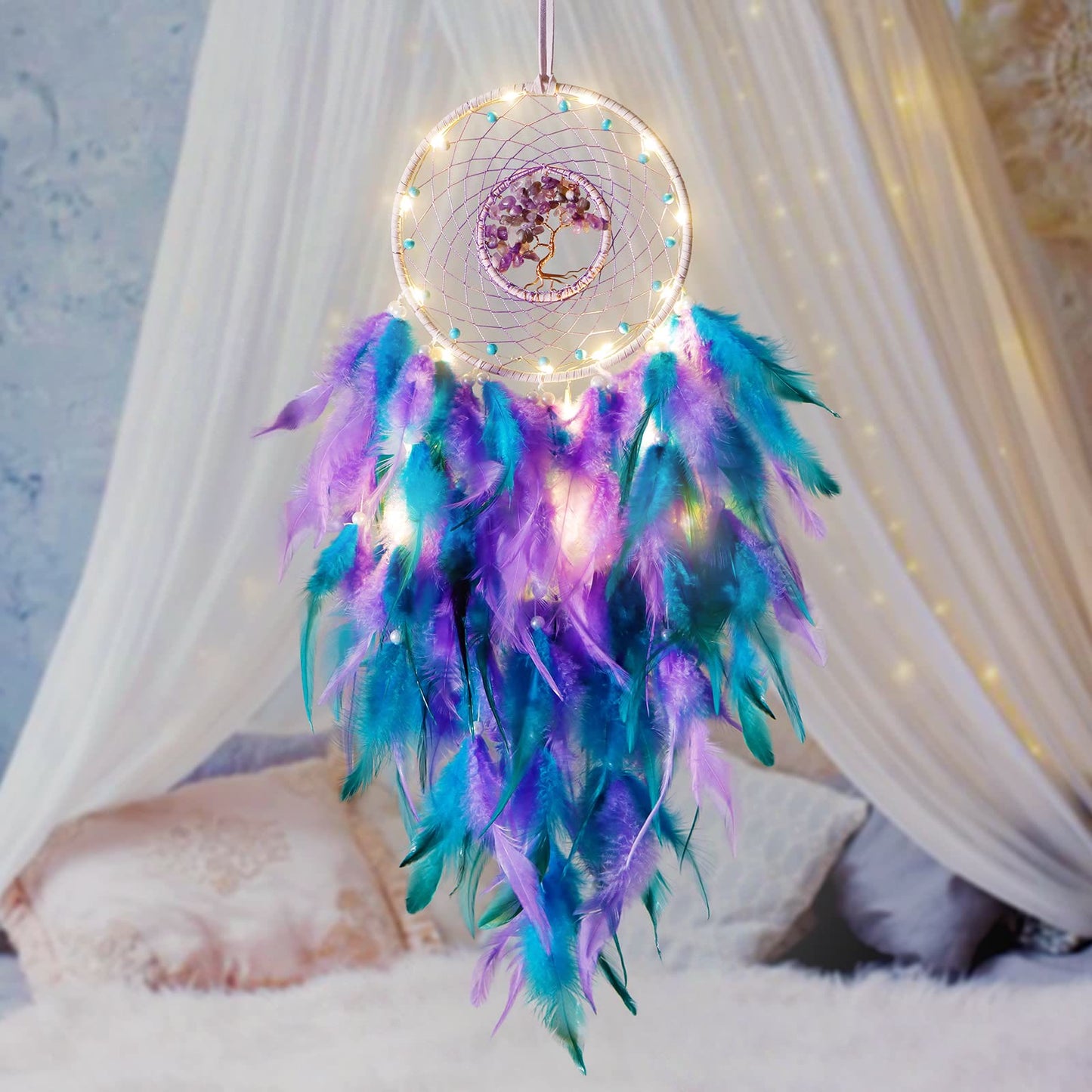 Crystal Tree of Life Dreamcatcher with Feather and Natural Stones