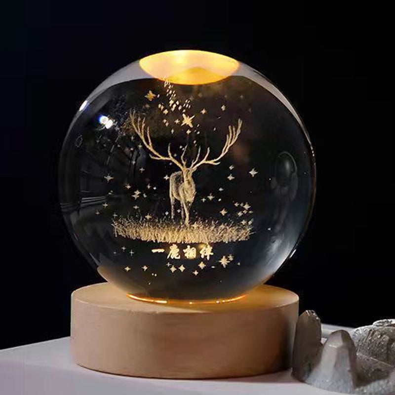 3D Solar System Crystal Ball Night Light with Wooden Base
