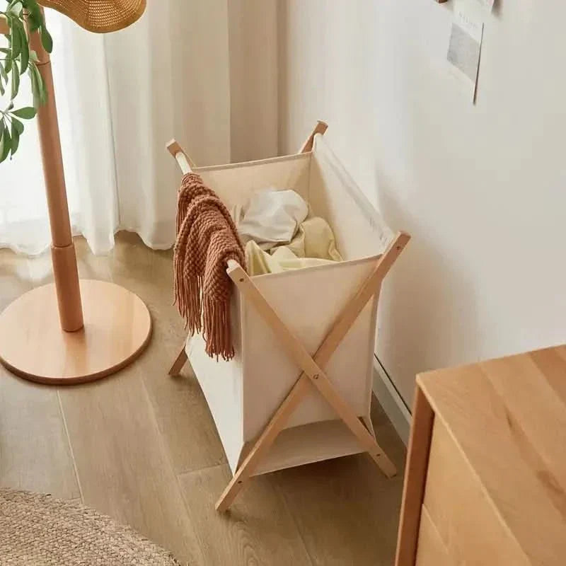 Foldable Wooden Laundry Basket with Cotton Fabric Bag