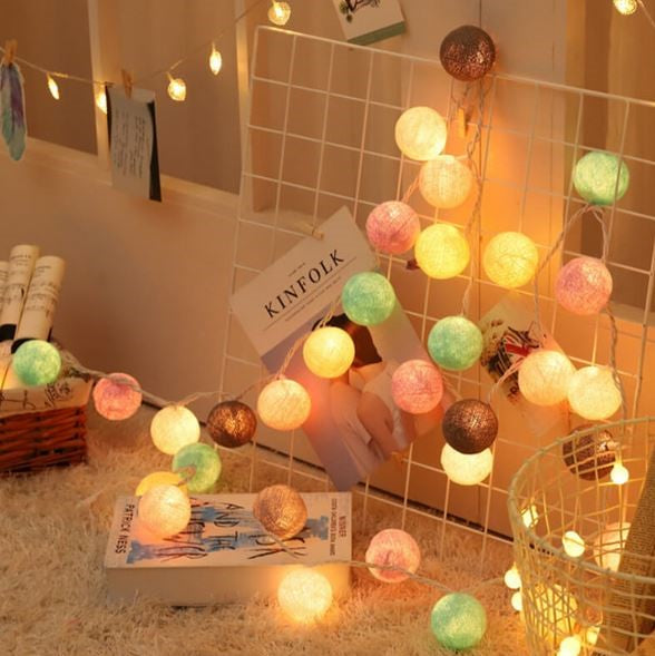 Cotton Ball String Lights - Warm Glow Decorative Garland in Various Colors