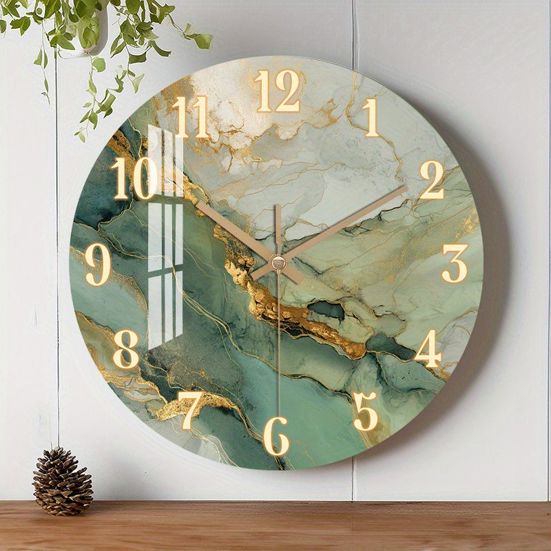 Abstract Marble Wall Clock with Gold Accents - Silent Wooden Round Design