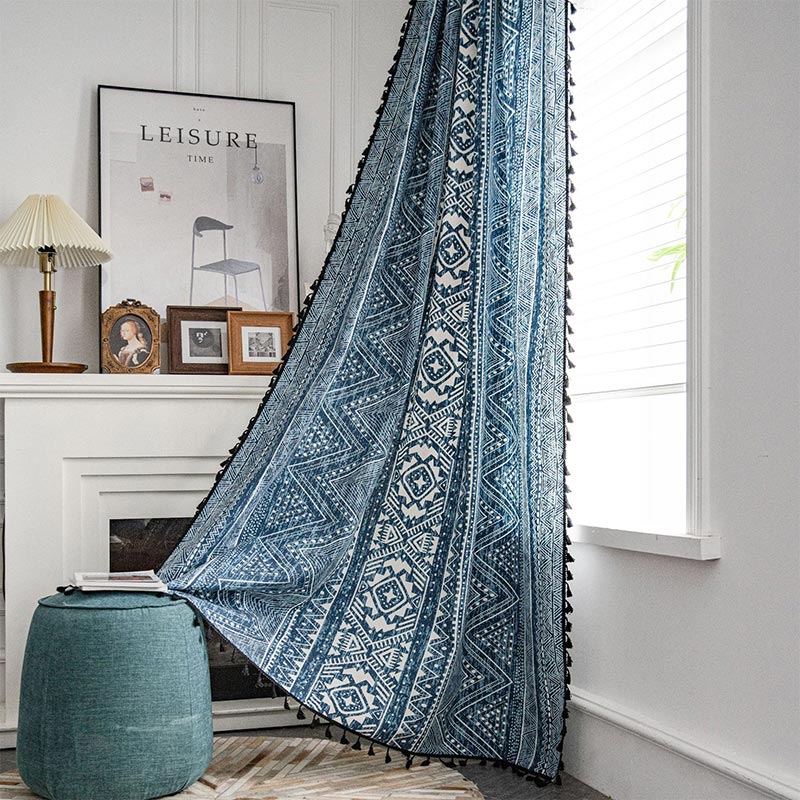Blue Geometric Pattern Light-Filtering Curtain