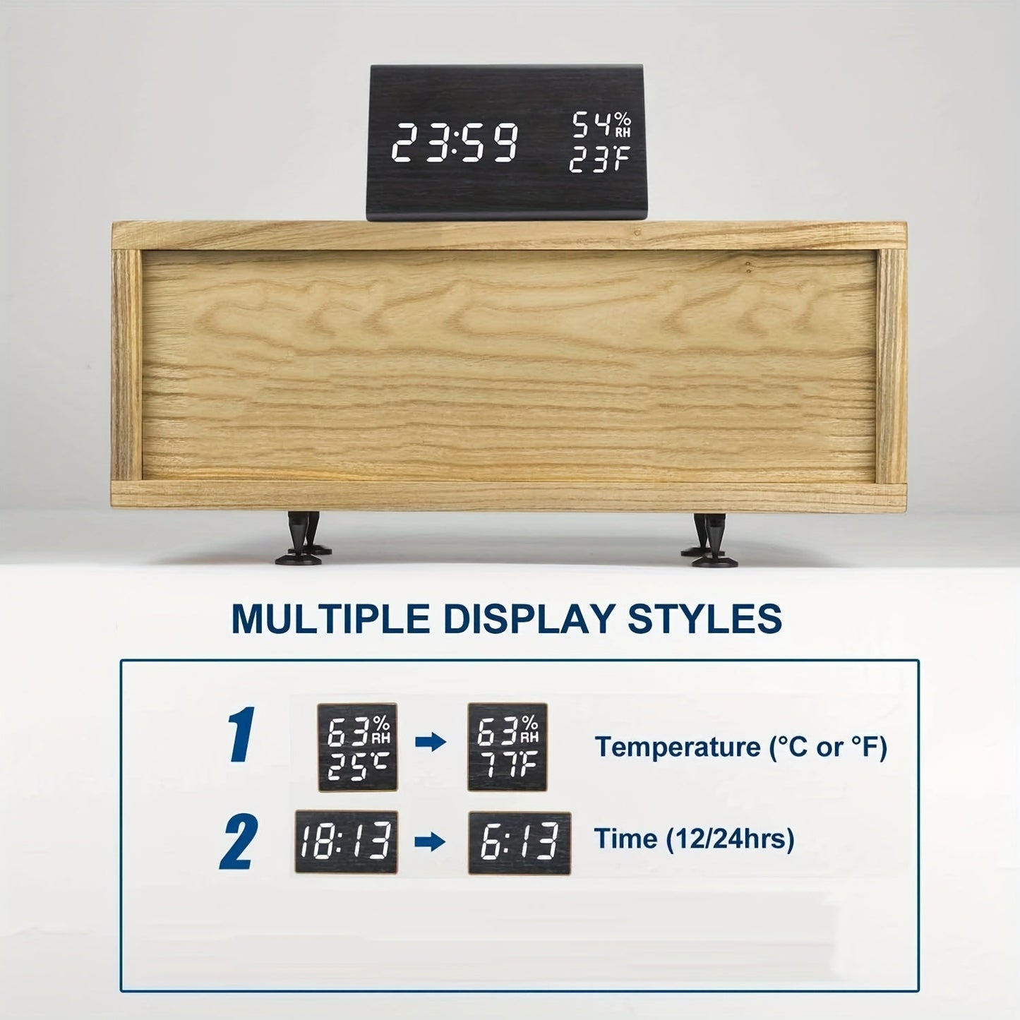 Modern Wooden LED Digital Alarm Clock with Temperature and Humidity Display