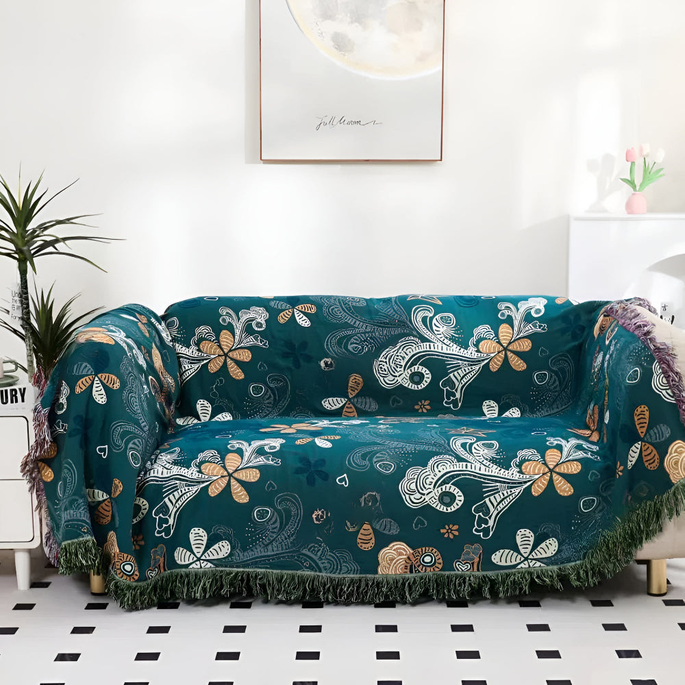 Teal Floral Paisley Throw Blanket with Fringe