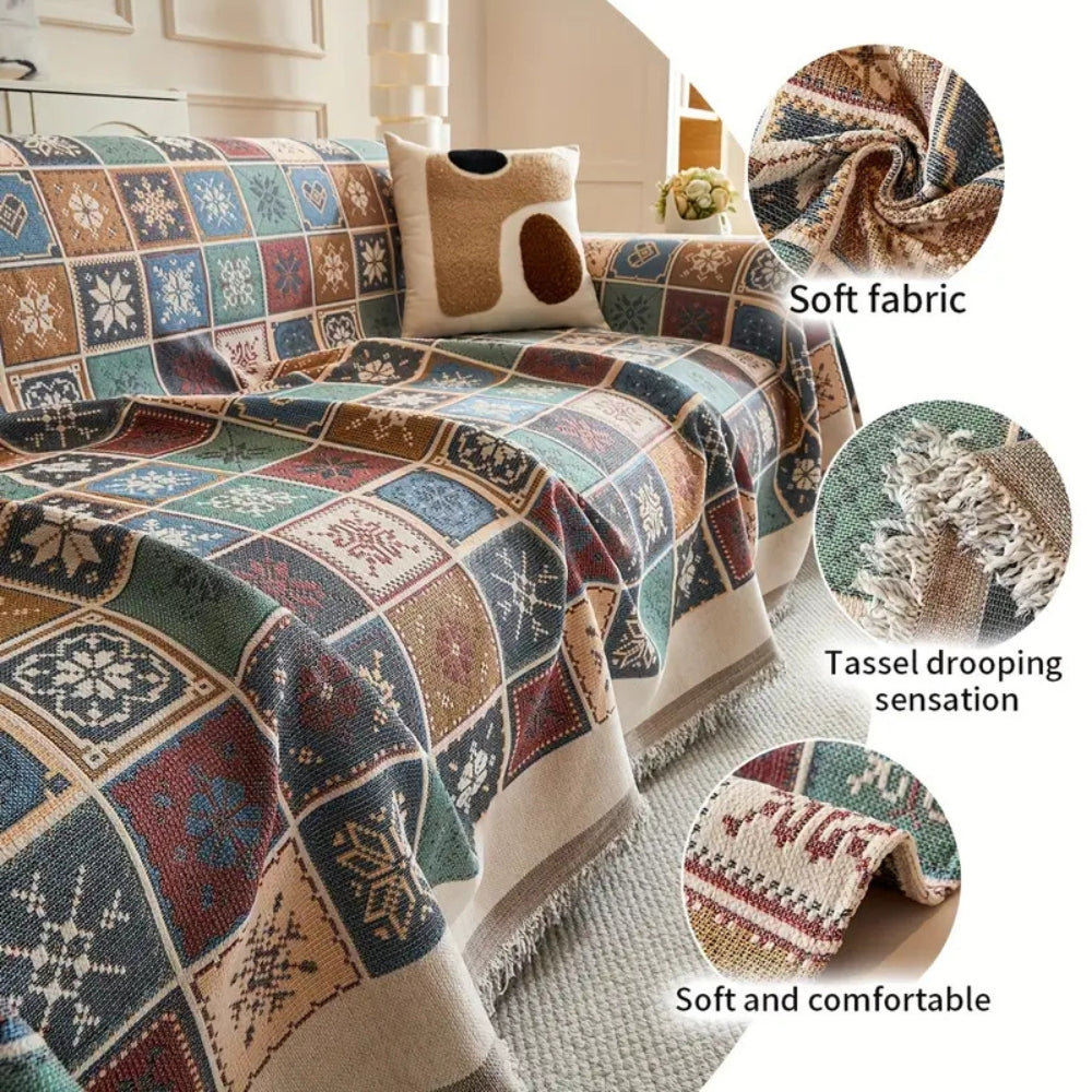 Reversible Boho Chenille Sofa Cover with Tassels