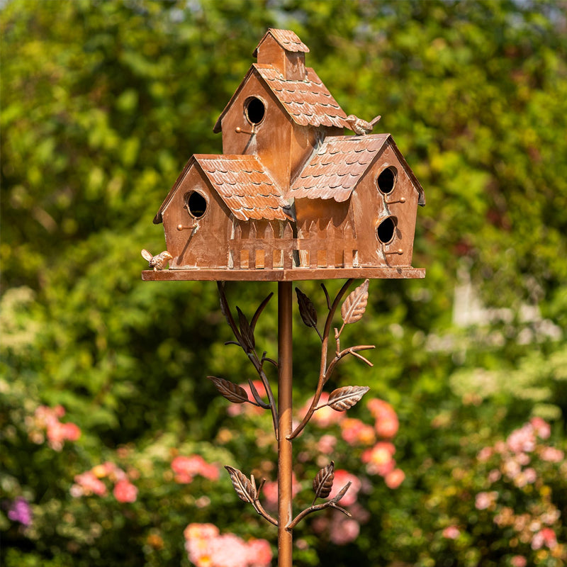 Rustic Metal Birdhouse Garden Stakes for Outdoor Decor