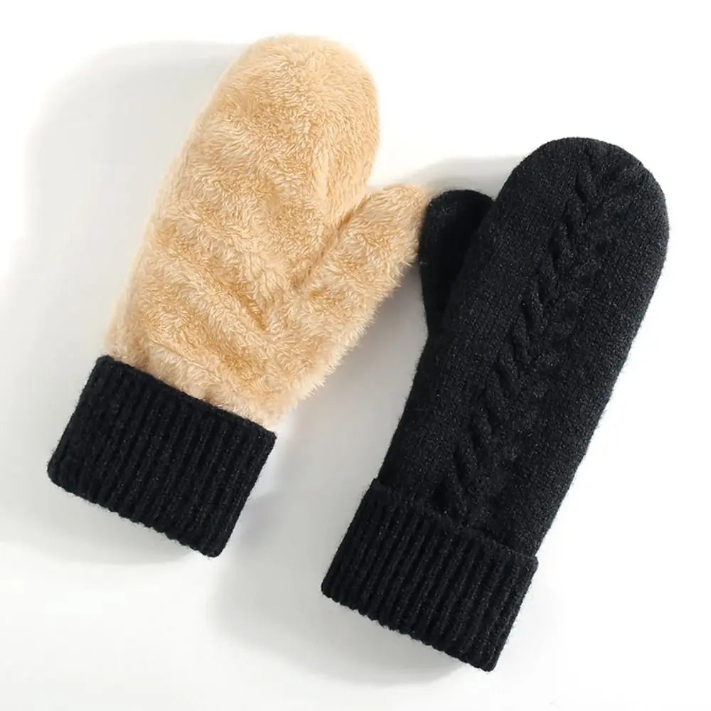 Double Layer Fleece Lined Knit Winter Mittens