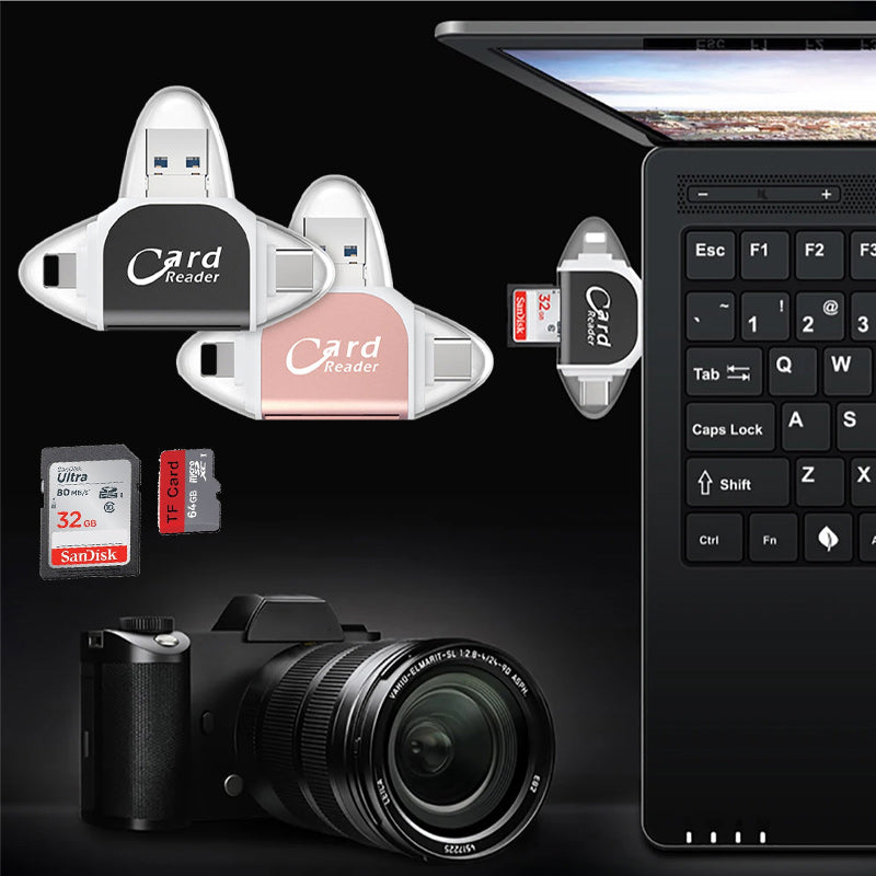 4-in-1 Universal SD TF Card Reader with Lightning and USB Connectors
