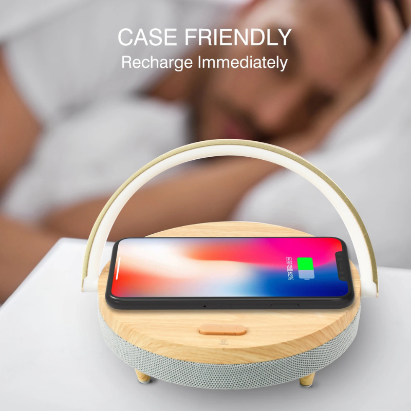 Multifunctional Wooden Table Lamp with Bluetooth Speaker and Wireless Charger