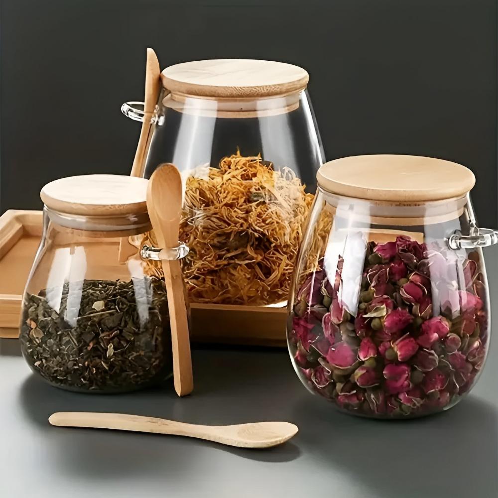 Airtight Glass Storage Jar with Wooden Lid and Spoon