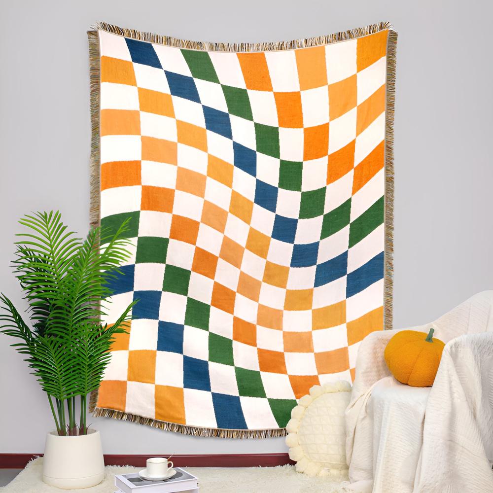 Colorful Checkerboard Tassel Throw Blanket