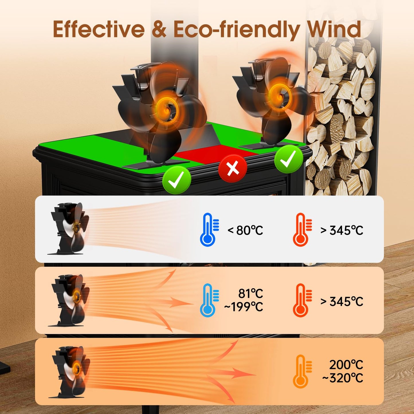 4-Blade Heat Powered Fireplace Fan for Wood Stoves