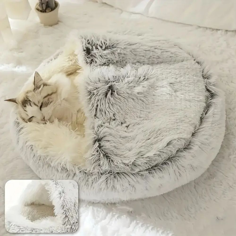 Hooded Faux Fur Pet Bed for Cats and Dogs