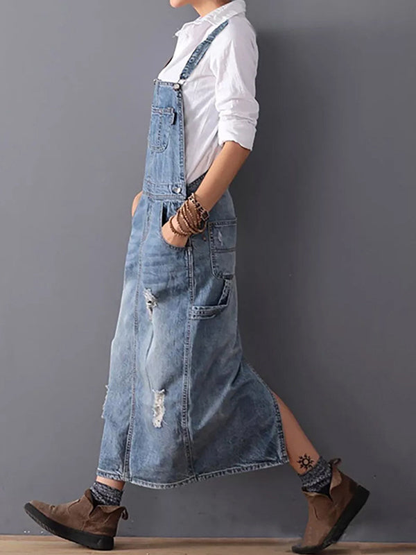 Distressed Denim Overalls Dress with Back Slit