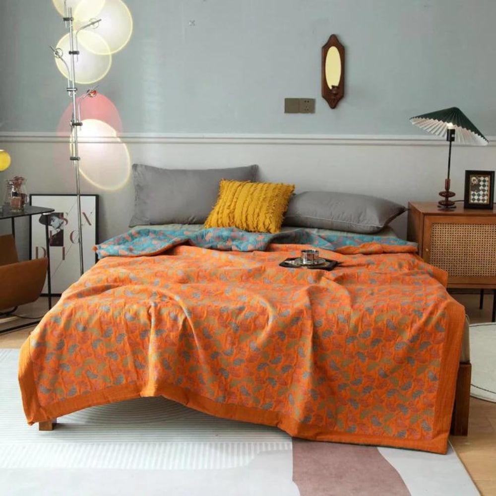 Reversible Ginkgo Leaf Print Blanket in Organic Cotton