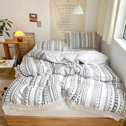 Soft Stripe Tassel Duvet Set - Cotton Microfiber Blend