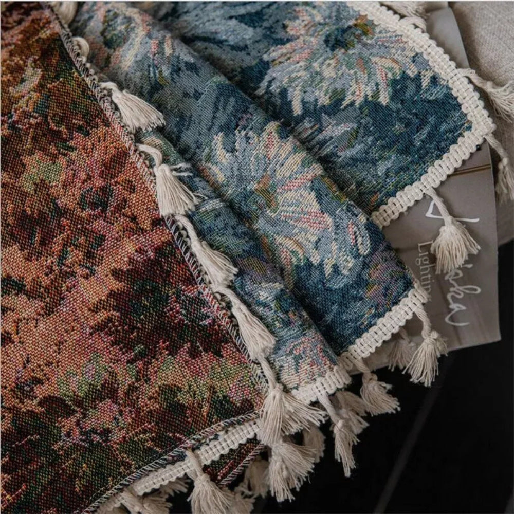 Navy Floral Tassel Curtains for Boho Decor