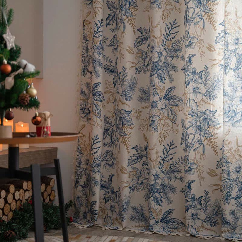 Blue Floral Semi-Blackout Curtain in Cotton-Linen Blend