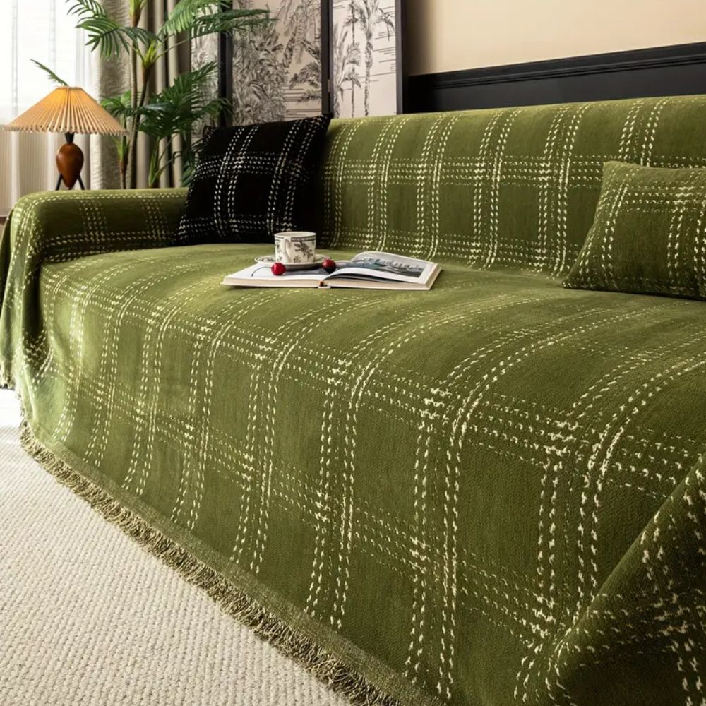 Chesterfield Plaid Chenille Sofa Cover with Anti-Slip Design