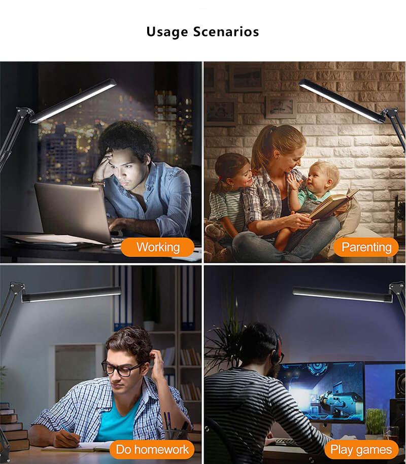 LED Adjustable Clip Desk Lamp with Long Arm and USB Charging