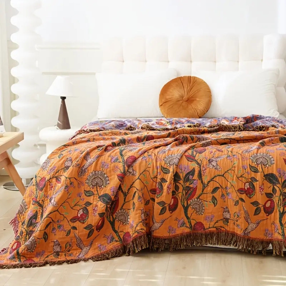 Floral Jacquard Cotton Tassel Blanket