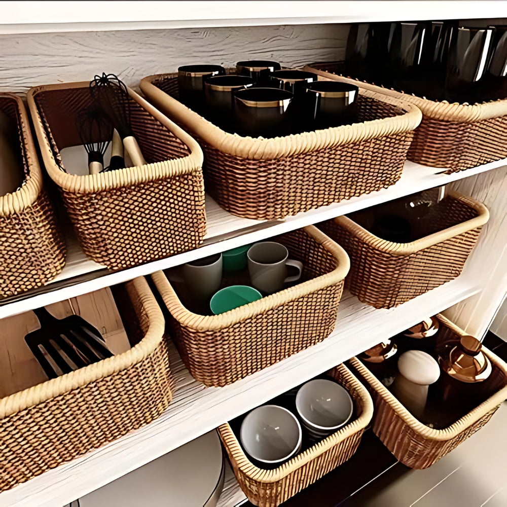 Hand-Woven Rectangular Rattan Storage Basket