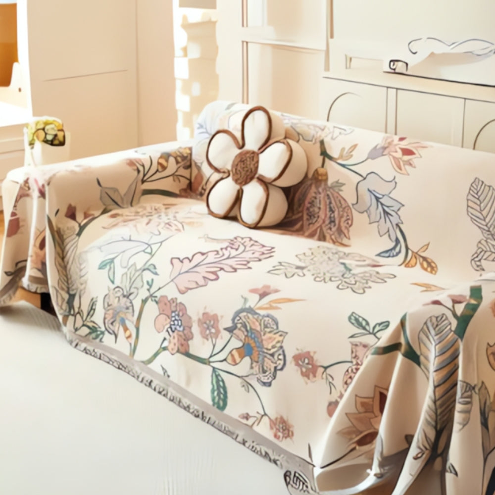 Reversible Floral Chenille Sofa Cover with Tassels