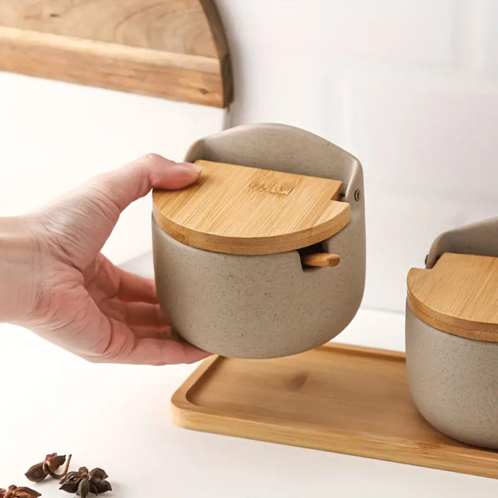 Ceramic Spice Jar Set with Bamboo Lids and Tray