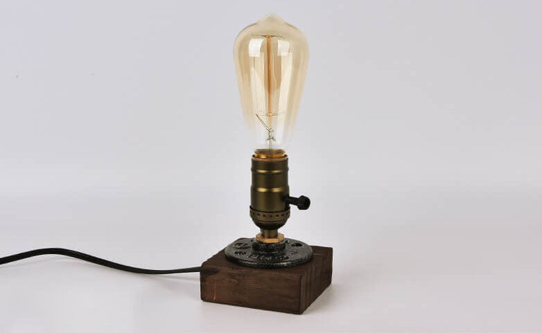 Vintage Industrial Iron Table Lamp with Pine Wood Accent