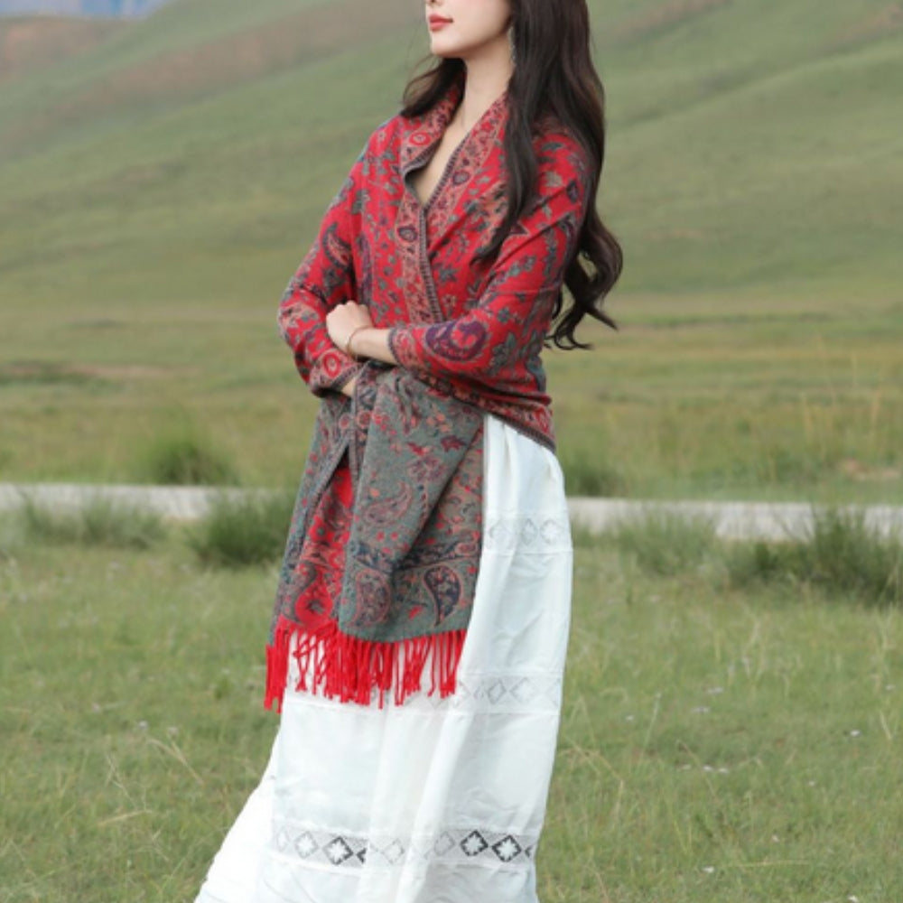Double-Sided Paisley Poncho Shawl for Women