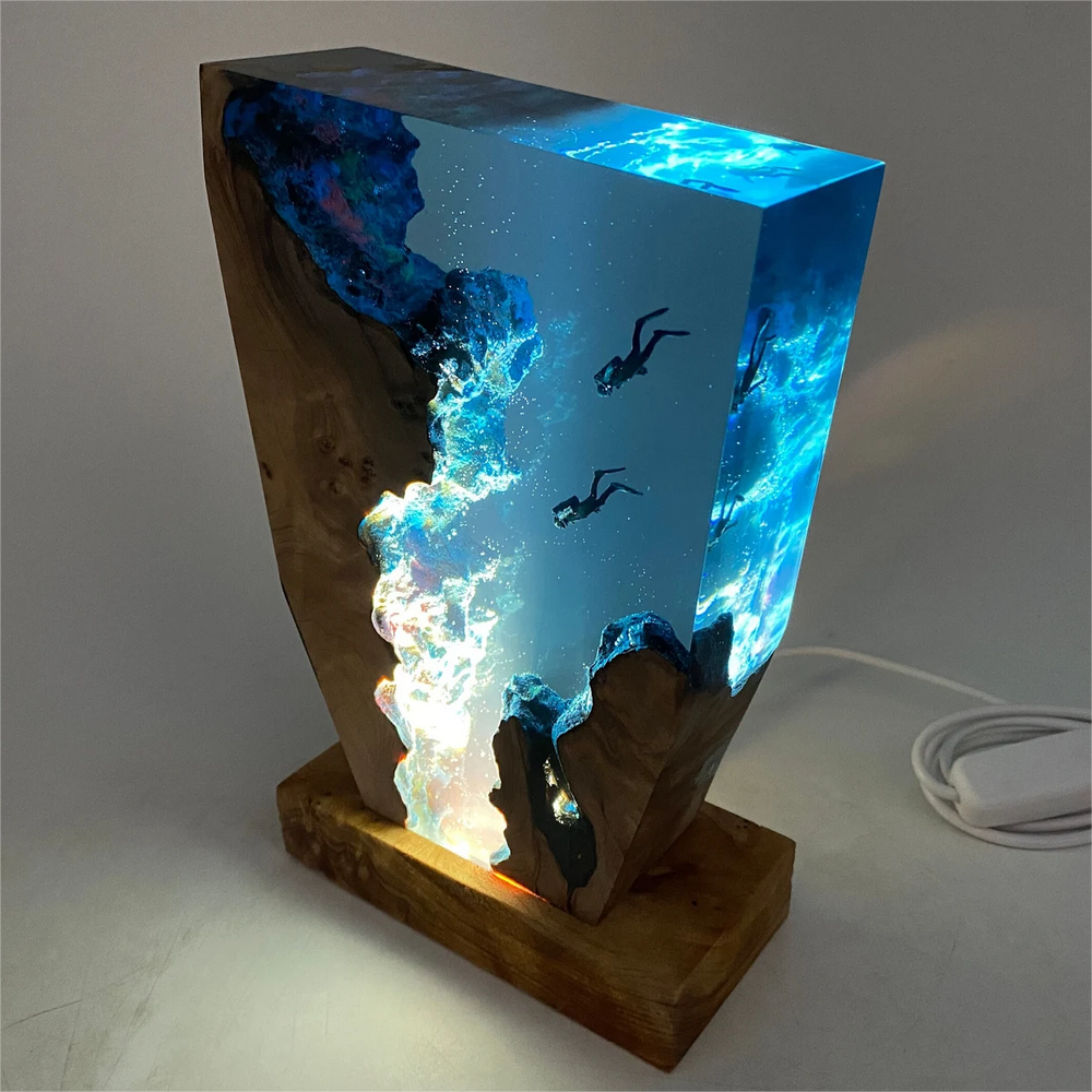 Handcrafted Underwater Coral Reef Lamp with Divers