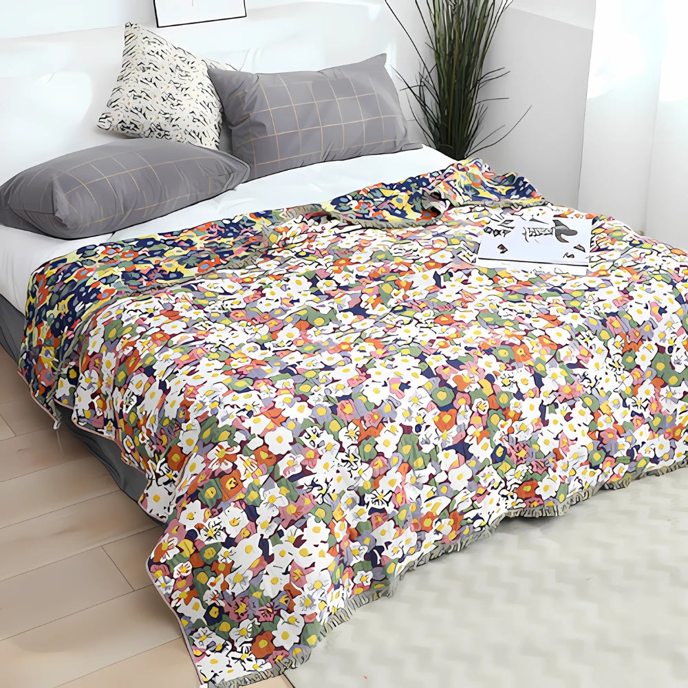 Reversible Floral Tassel Blanket in Cotton