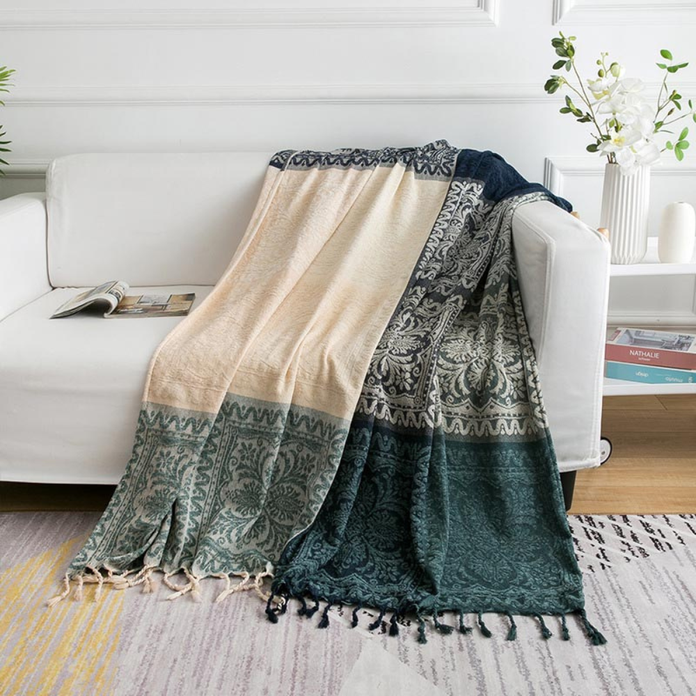 Floral Tassel Chenille Bohemian Blanket