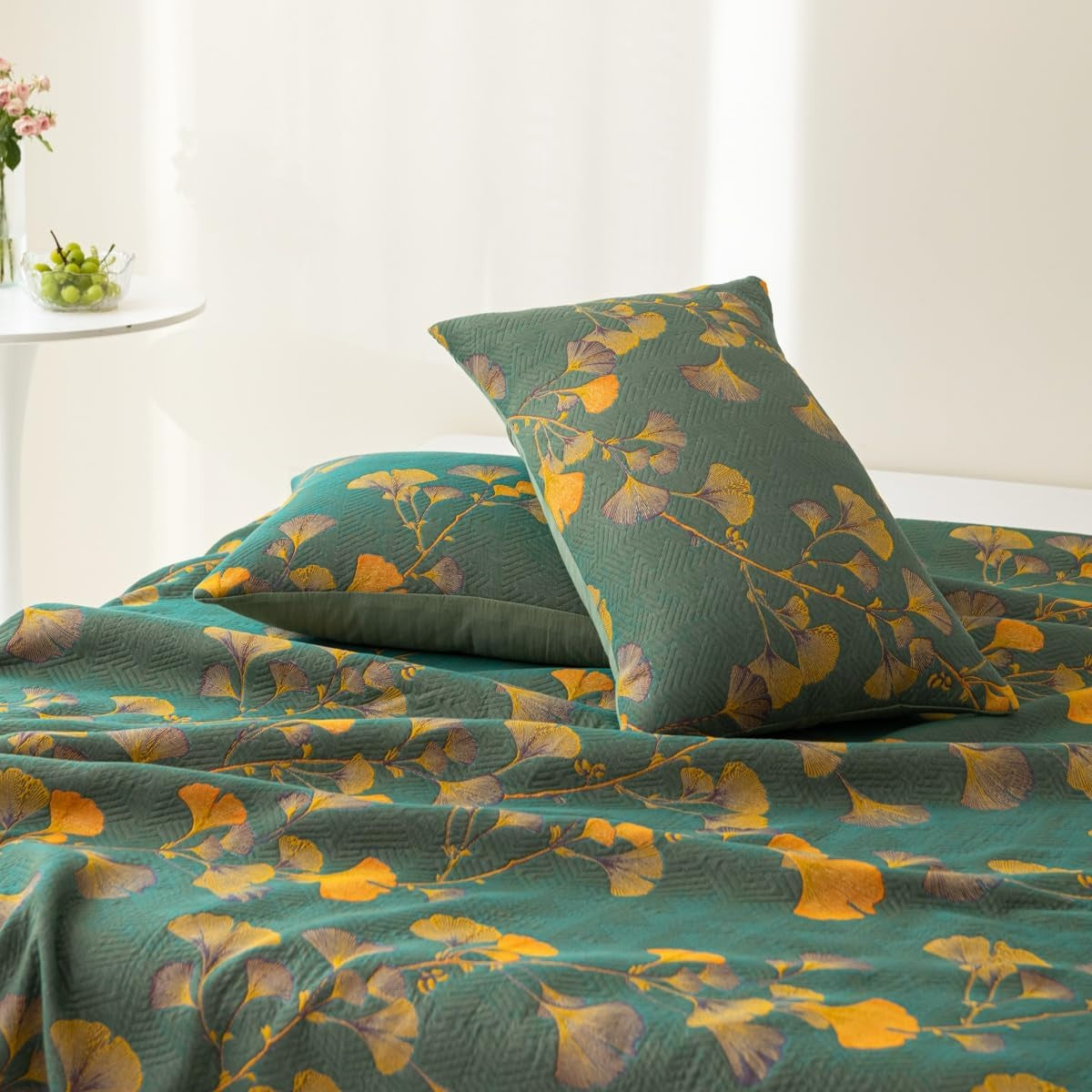 Reversible Jacquard Floral Ginkgo Leaves Coverlet